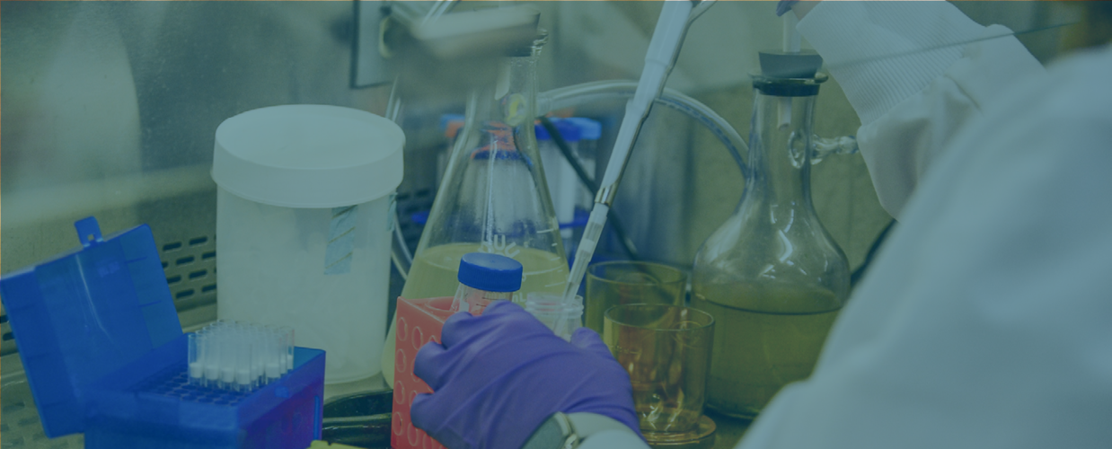 A scientist in a lab coat and gloves is conducting an experiment with various lab equipment