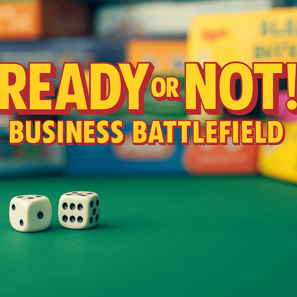 The text “Ready or Not! Business Battlefield” overlaid on top of a background with board games and dice.