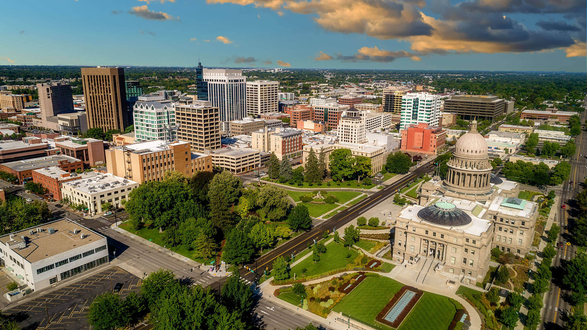 An overhead view of the Idaho State Capitol, and the surrounding parks and buildings in downtown Boise.