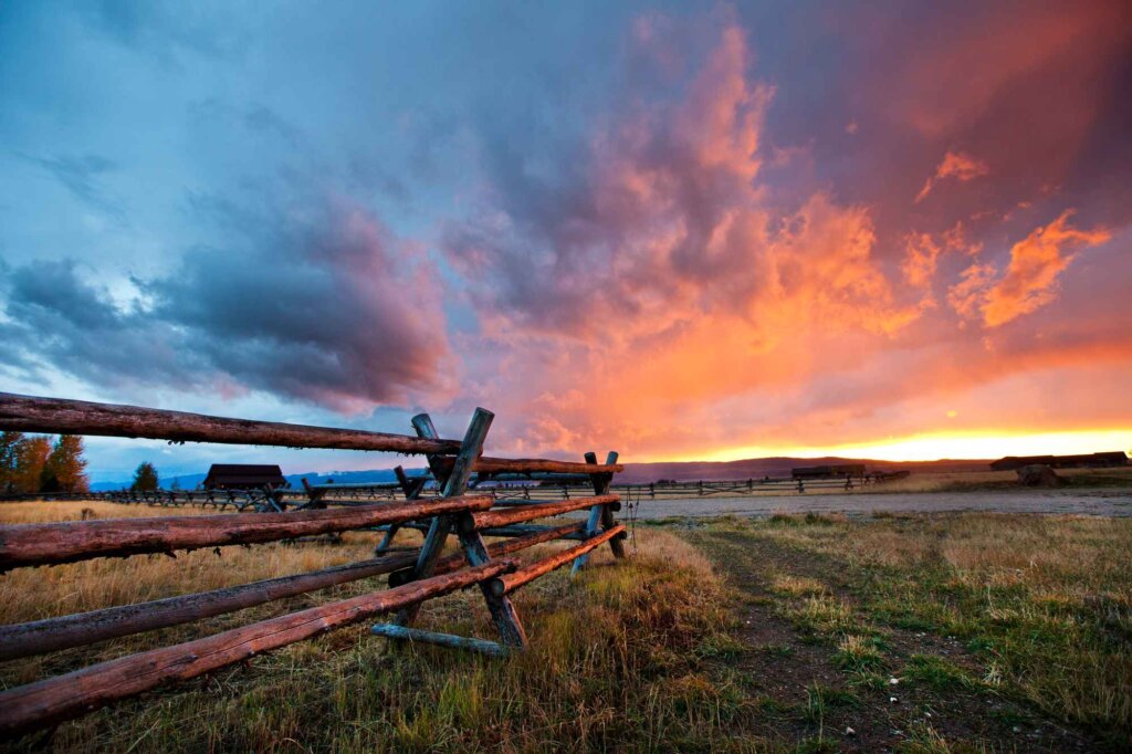 A rustic wooden fence stretches across a golden field at sunset, with dramatic orange and purple clouds painting the sky above