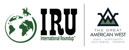 IRU International Roundup logo featuring a globe with a cowboy riding a horse, alongside The Great American West logo with a mountain range and the text 'Idaho, North Dakota, South Dakota, Wyoming' .