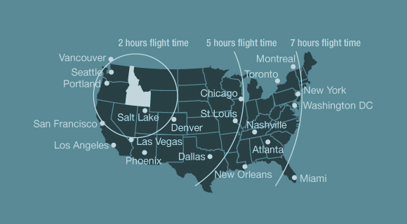 A map of the United States with flight times to various cities indicated