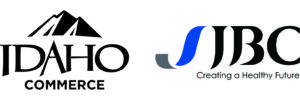 Two logos side by side: one with a mountain and 'IDAHO COMMERCE', the other with 'JBC' and a blue wave
