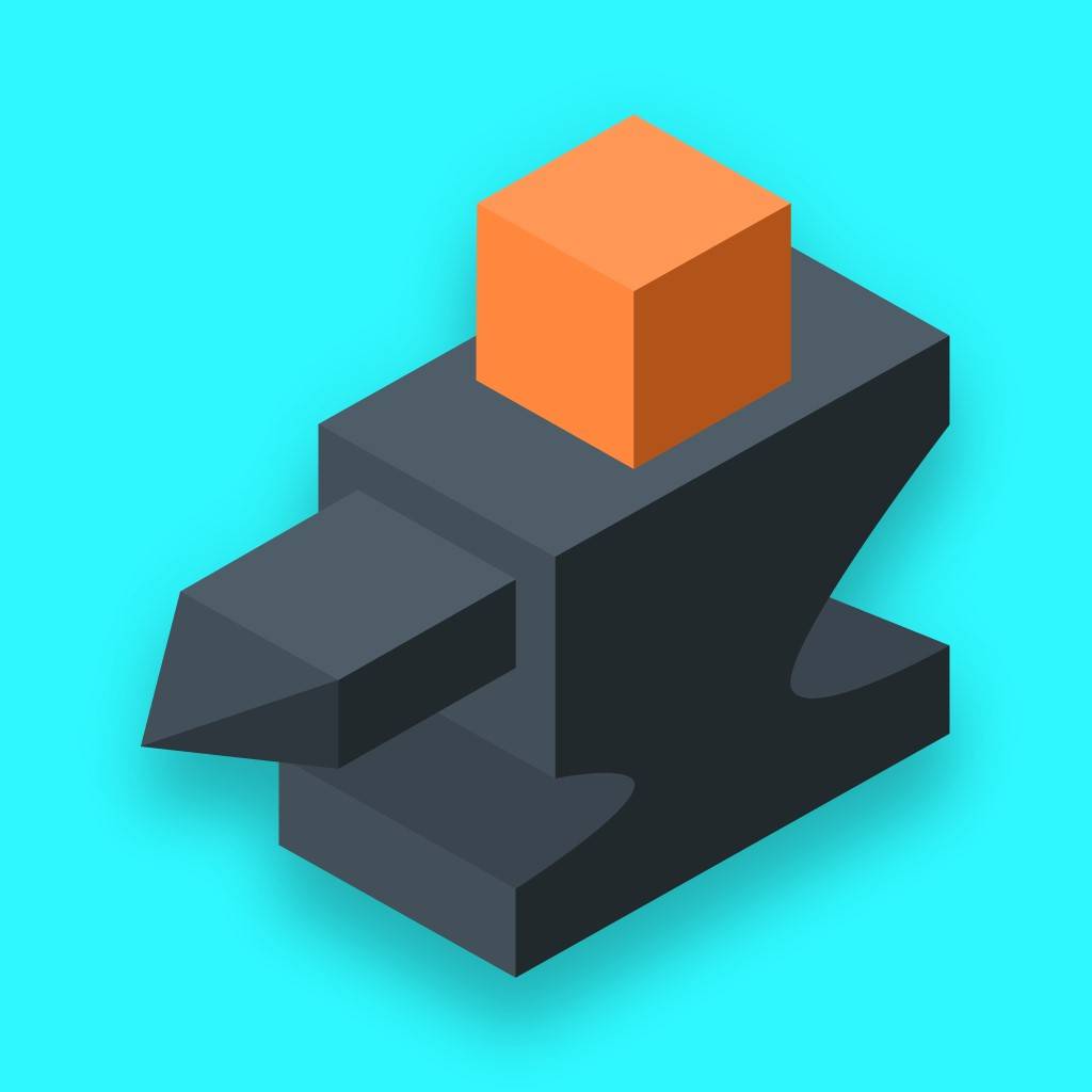A stylized, low-poly illustration of an anvil with an orange cube on top