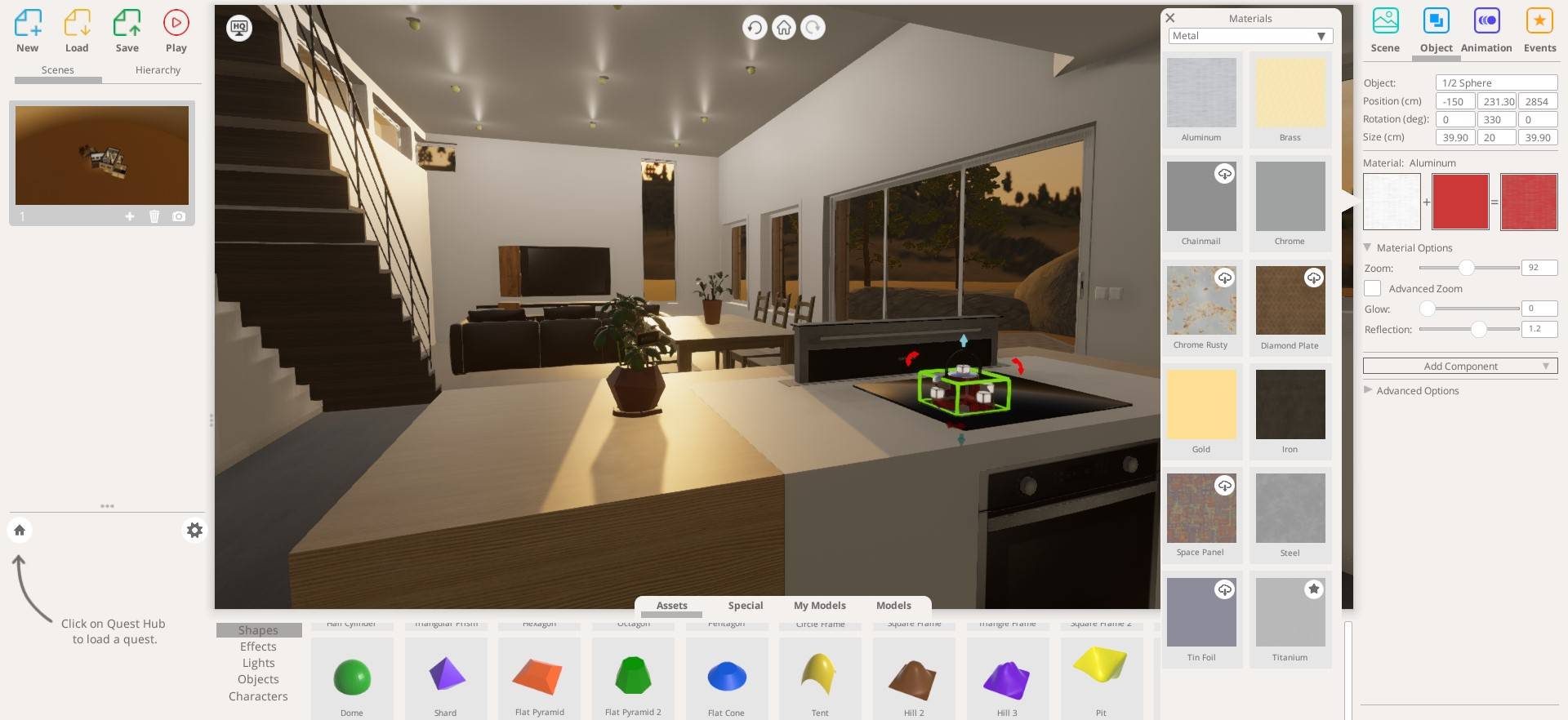 3D interior design software interface with kitchen and living room layout