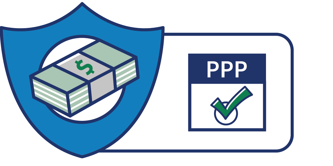 A blue shield with a stack of money and a checkmark indicates PPP approval