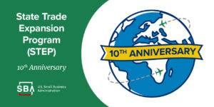 A globe with a banner celebrating the 10th anniversary of the State Trade Expansion Program