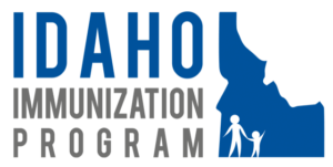 Idaho Immunization Program logo featuring a blue silhouette of a state with a parent and child
