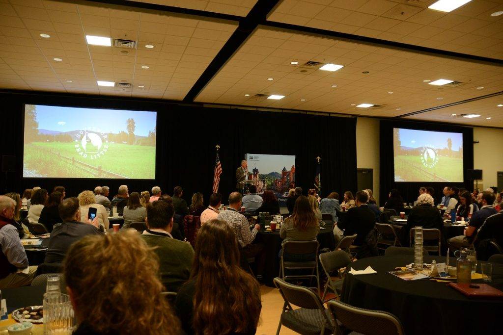 Large conference room filled with people seated at tables, watching a presentation on two large screens