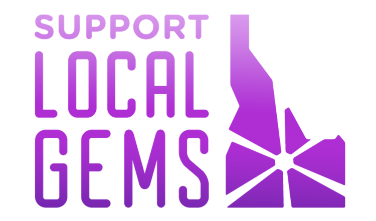 A stylized purple Idaho shape with the words 'Support Local Gems' in bold letters