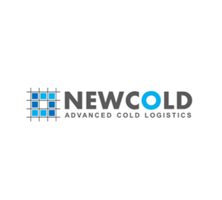 A blue and gray logo for NewCold Advanced Cold Logistics with a grid pattern