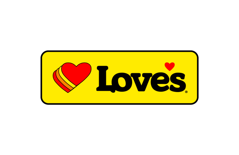 A yellow sign with a red heart and the word 'Loves' in black letters
