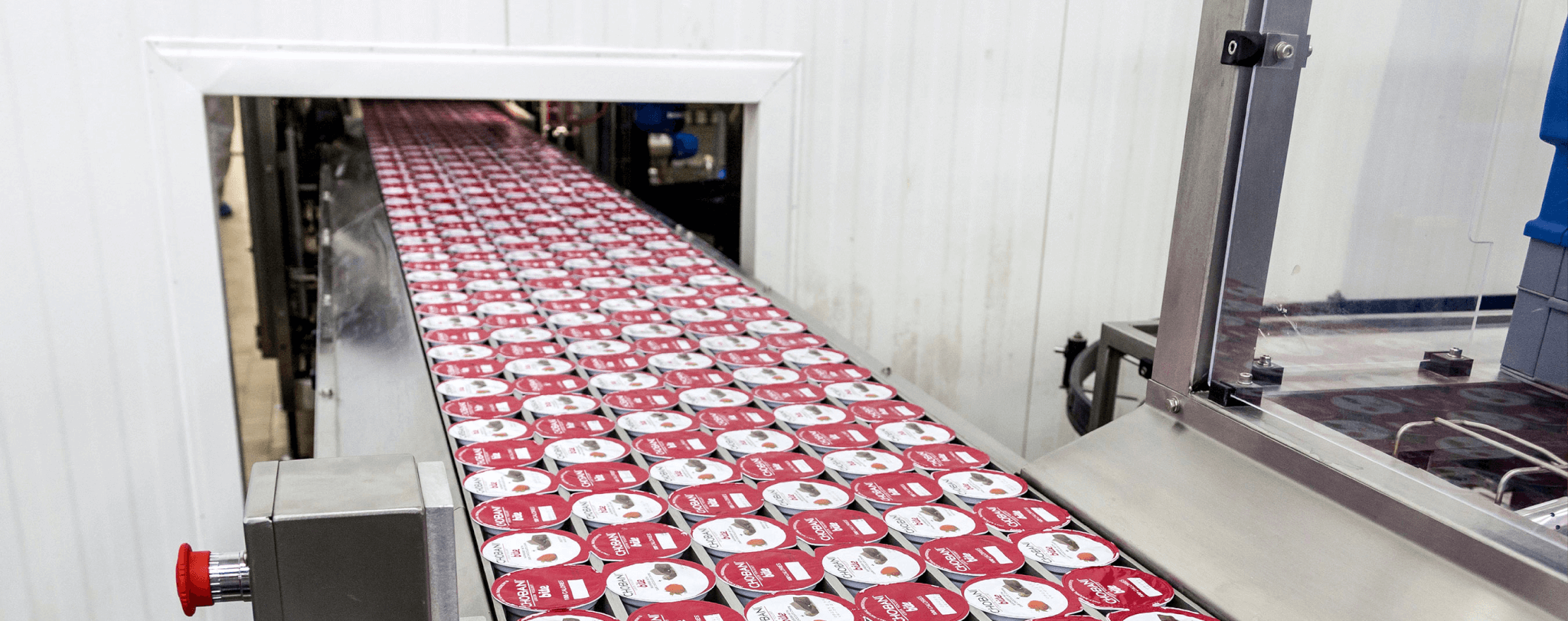 A long conveyor belt carries red and white yogurt cups through a factory