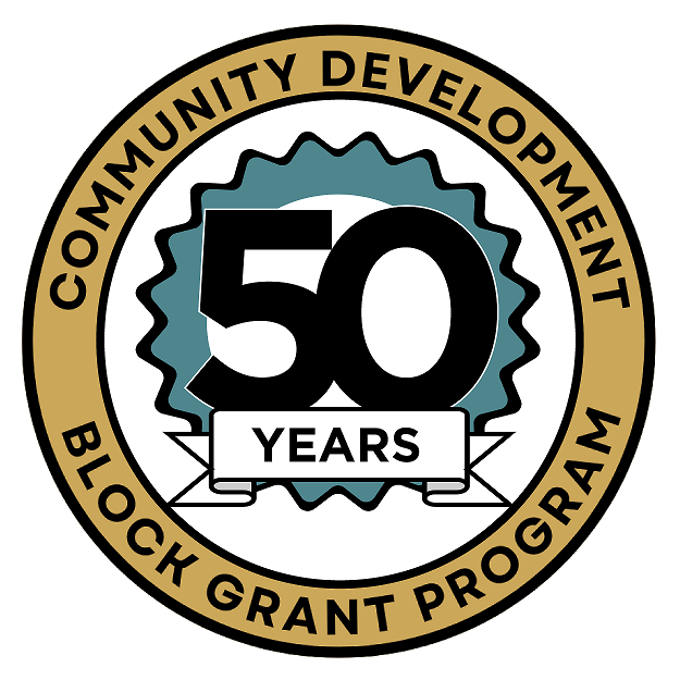 A circular emblem celebrating 50 years of a community development block grant program