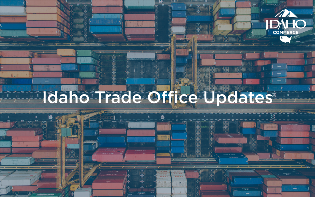 Aerial view of colorful shipping containers stacked in a port, with Idaho Trade Office logo