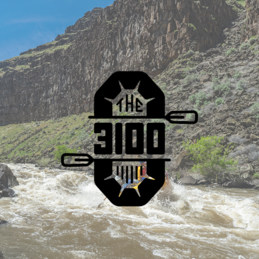 A black and white logo featuring a raft navigating rapids with mountains in the background.