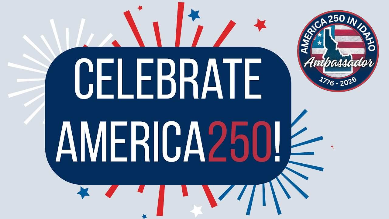 Celebratory poster for America's 250th anniversary with patriotic colors and symbols.