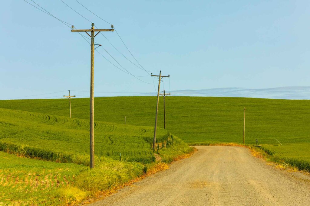A winding dirt road cuts through lush green fields, with telephone poles and wires stretching into the distance under a clear blue sky